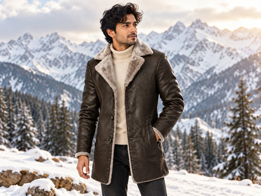 Black Shearling-Lined Leather-Style Coat — photo 1