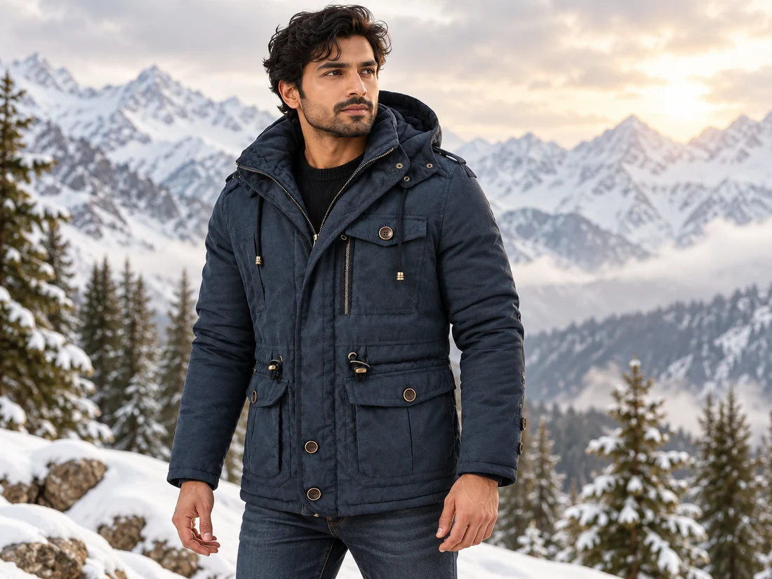 Navy Blue Multi-Pocket Hooded Winter Jacket — photo 1