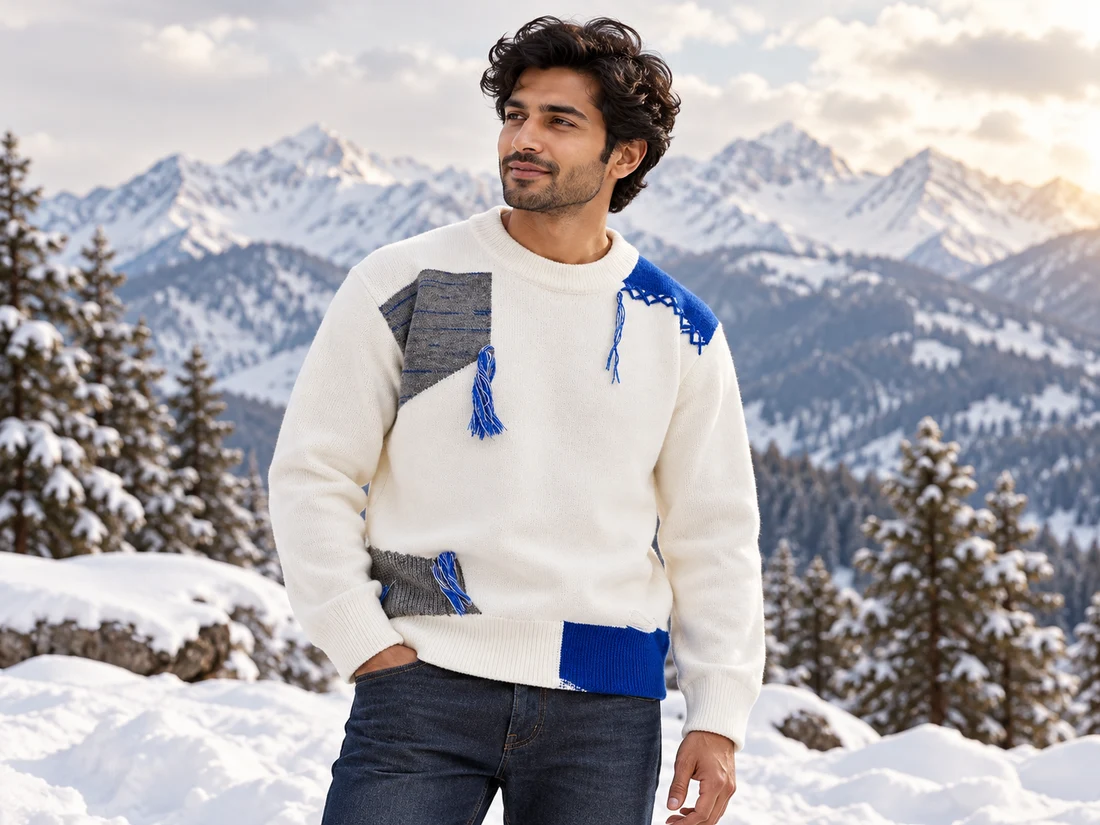White & Blue Patchwork Knit Sweater — photo 1