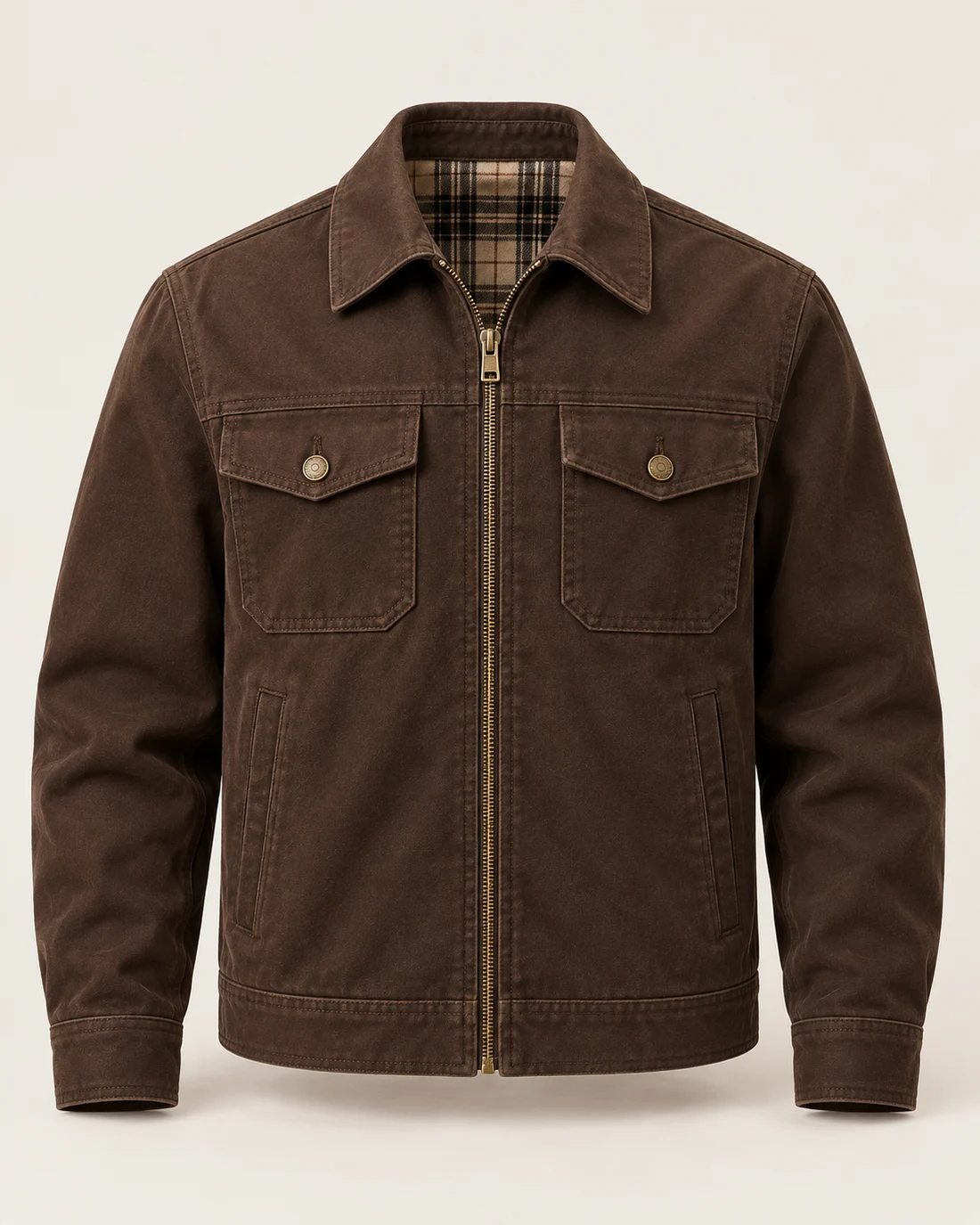Brown Plaid-Lined Casual Jacket