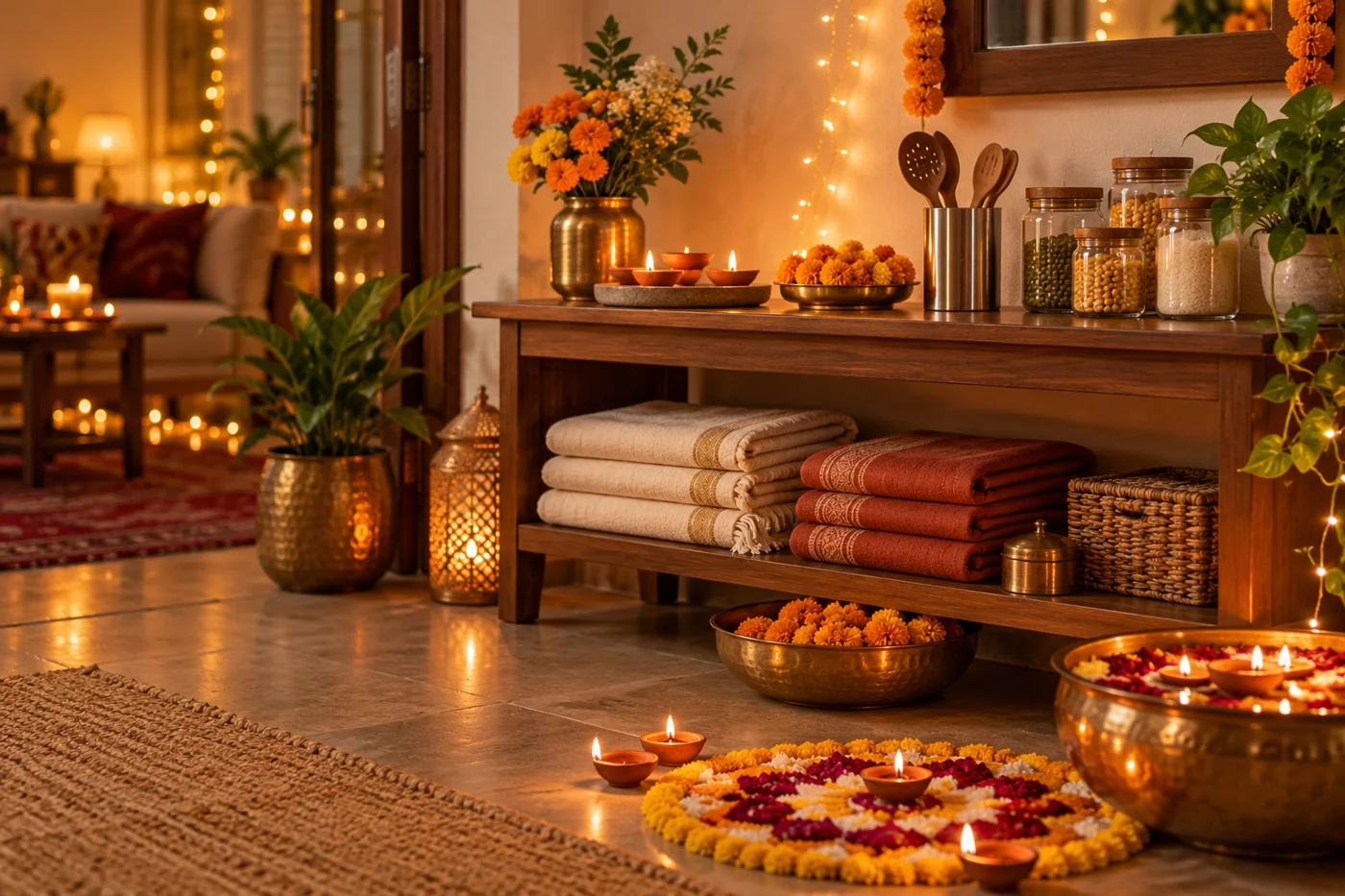 A warmly lit Indian home styled for Diwali with diyas, marigolds and household essentials